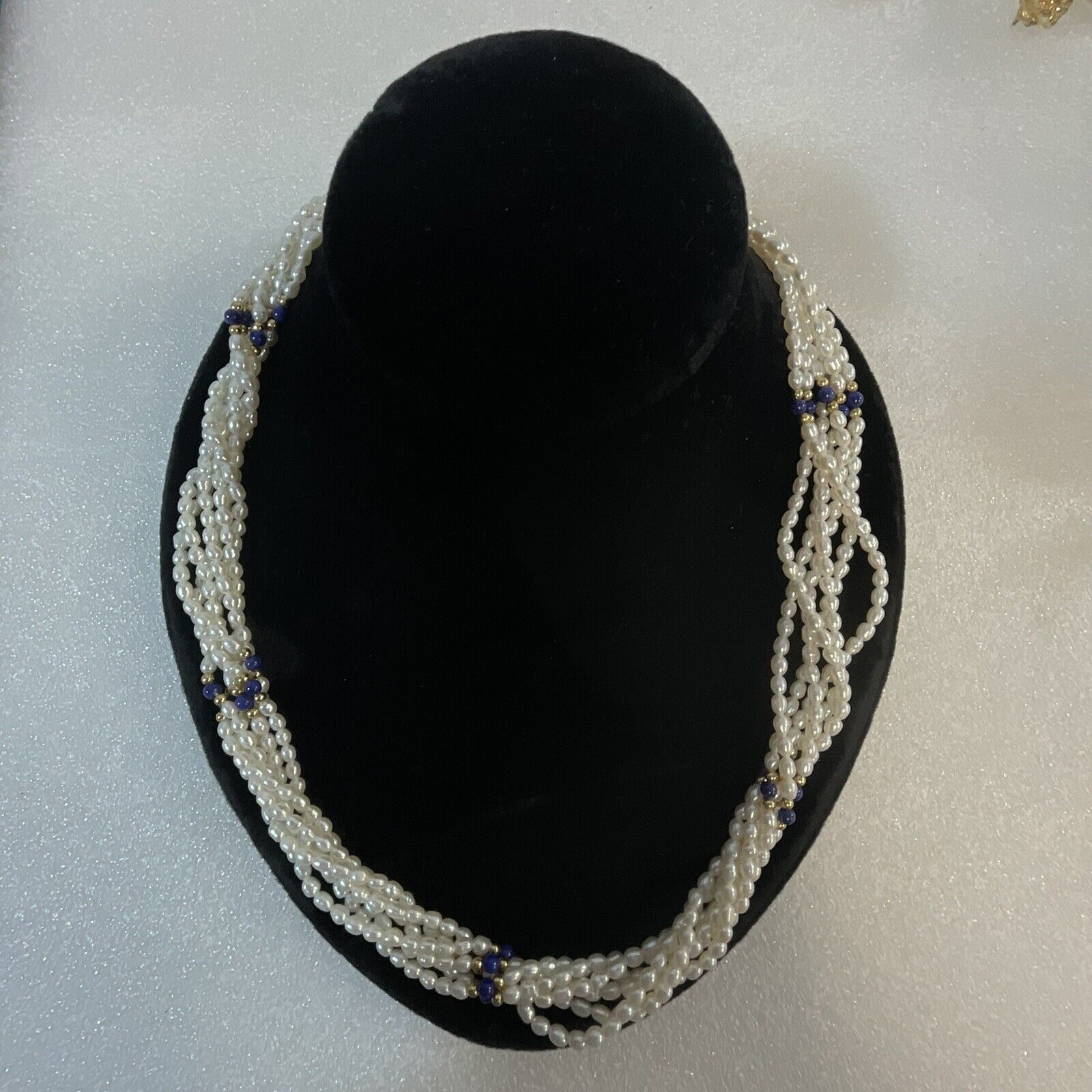 Pearl Necklace With Blue Gold Accent Pieces 22” Length 6 Braided Strands